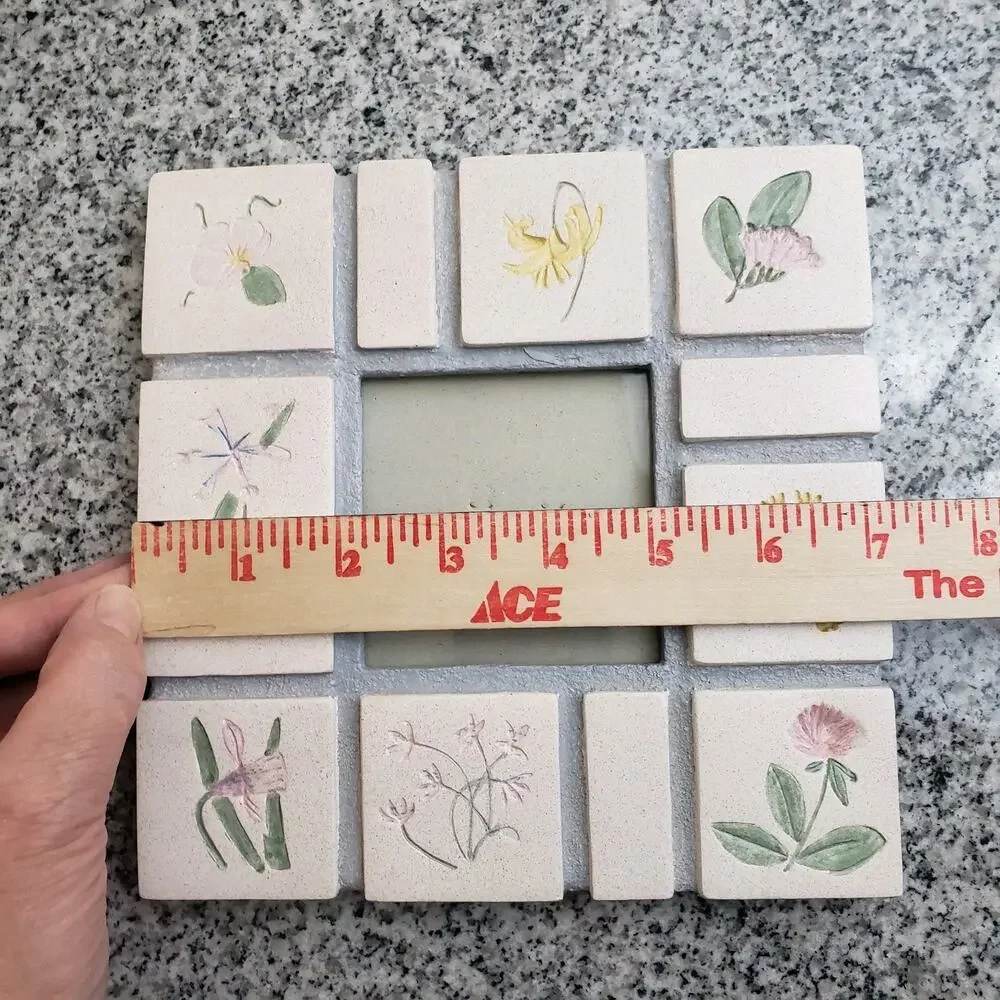 VTG Malden Hand Painted Picture Frame Tile Stone‎ Botanical Flowers Herbs Square